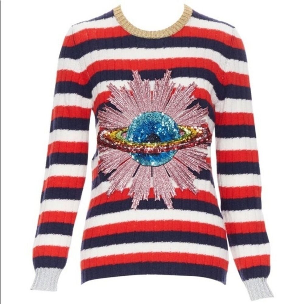 GUCCI MICHELE sweater 100% wool striped UFO sequins XL Women’s Designer 16 18 - Picture 3 of 10
